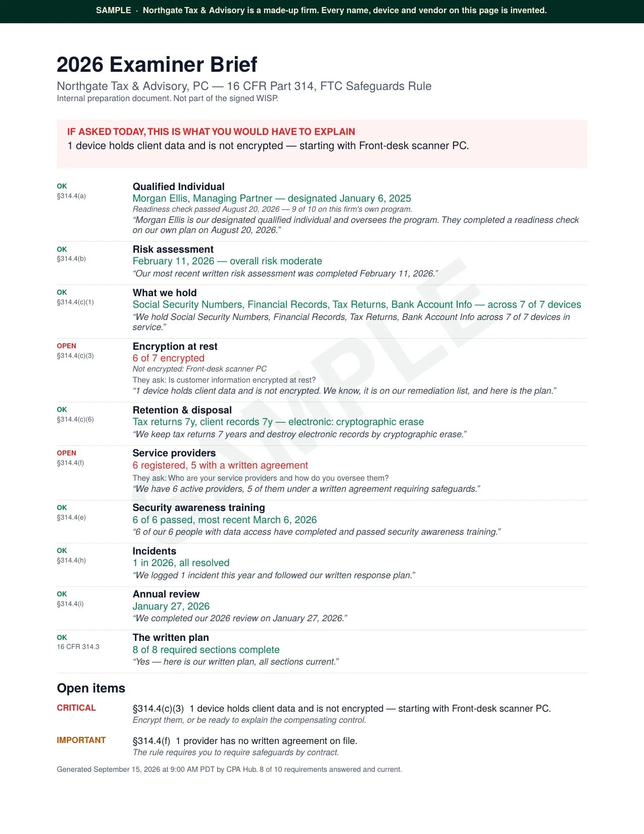 First page of a sample security plan for a made-up firm, Northgate Tax & Advisory